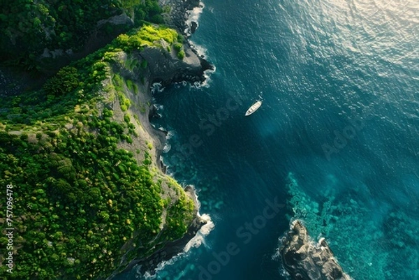 Fototapeta Aerial shot captures an abandoned boat adrift near a remote island, surrounded by green cliffs and the vast blue ocean.