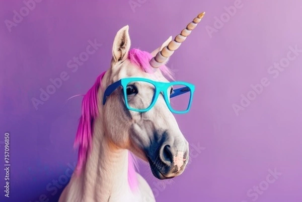 Fototapeta photo portrait of a unicorn with a pink mane in bright blue stylish glasses on a purple background. .. There is empty space on the left for text --ar 3:2 Job ID: 0468c6ea-3b94-4ab8-a9db-903458d32380