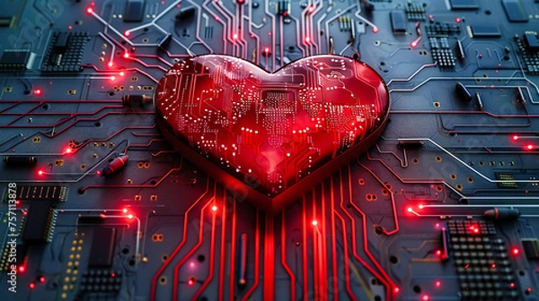 Fototapeta Creative concept merging technology and romance, visualizing a heart-shaped circuit board for a modern Valentines celebration