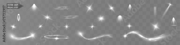 Fototapeta Light white wave and spotlight shine effect,glow line sparkle shine. Silver white wavy effects.
