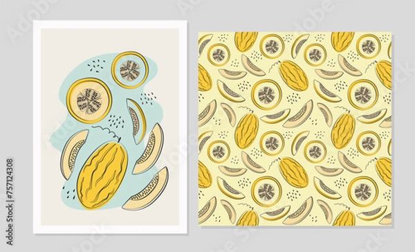 Fototapeta Melon fruits set in flat design. Poster and seamless pattern with melon for fabric, cards, wallpaper in boho style.
