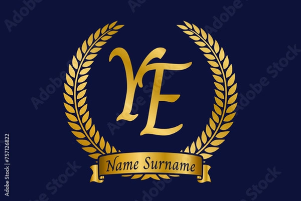 Fototapeta Initial letter Y and E, YE monogram logo design with laurel wreath. Luxury golden calligraphy font.