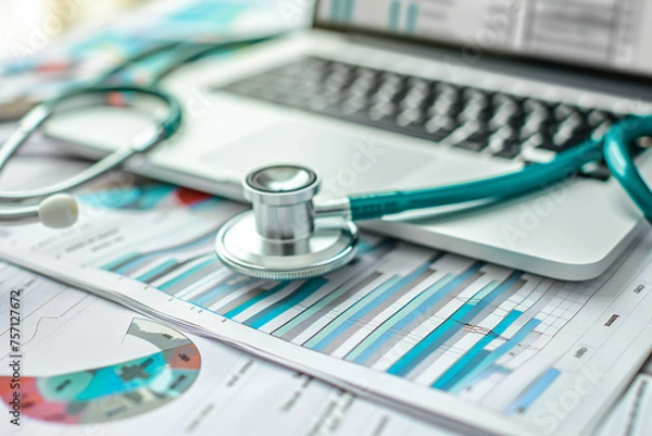 Fototapeta Business financial analysis and health concept with stethoscope, graphs, and charts on a professional workspace