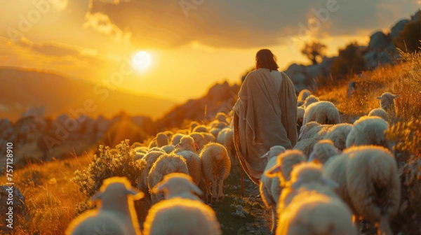 Fototapeta Bible jesus shepherd with his flock of sheep.