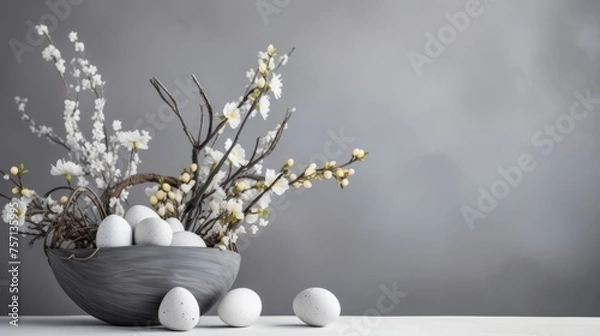 Fototapeta Easter flower background with Easter eggs with copy space.