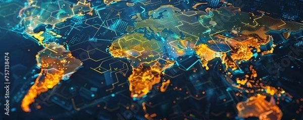 Obraz Blockchain nodes illuminating a world map tracing the ethical journey of products