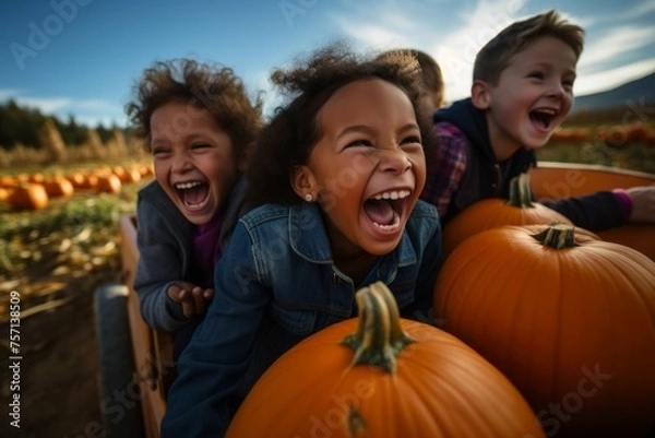 Obraz Children having a fun hayride through a pumpkin patch