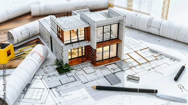 Obraz Architectural planning and design, showcasing the detailed blueprint and model of a modern residential project