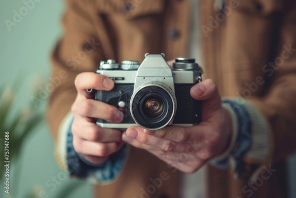 Fototapeta Man holds a vintage camera for content creation. Generative AI