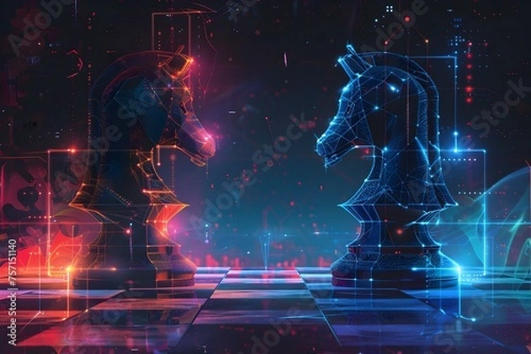 Fototapeta Artificial Intelligence. two AI powered chess computer, blue and red, face off on a digital chessboard with a futuristic design The board is illuminated with neon lights and holographic effects