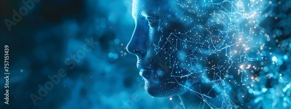 Fototapeta Artificial Intelligence. image showcases an abstract digital human head profile with a futuristic concept of artificial intelligence. A neural network is depicted through glowing blue connections