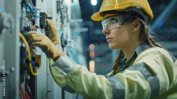 Obraz A focused female technician is pictured wiring an industrial electrical panel, showcasing expertise and attention to detail