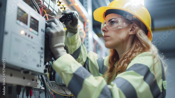 Obraz A professional female electrician is seen adjusting equipment in a high-tech electrical panel under artificial lighting