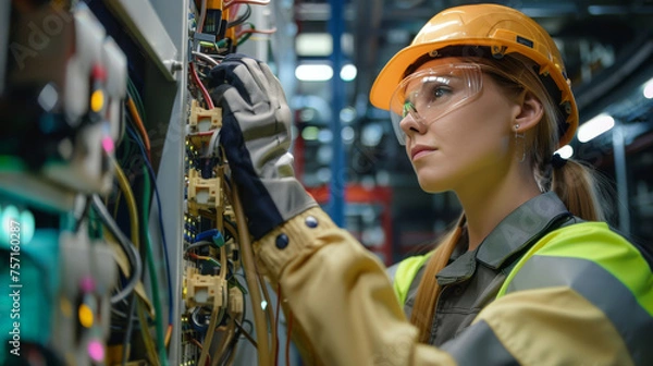 Obraz Concentrated electrical engineer in protective gear adjusts wires within an industrial setting, signifying technical proficiency