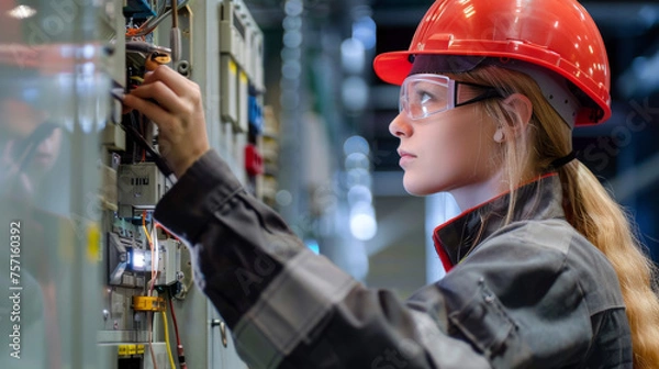 Obraz A diligent female electrician is captured fixing an industrial unit with focus and competence
