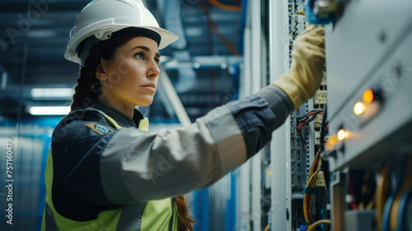 Obraz A professional female engineer in safety gear is intently inspecting or fixing an electrical panel