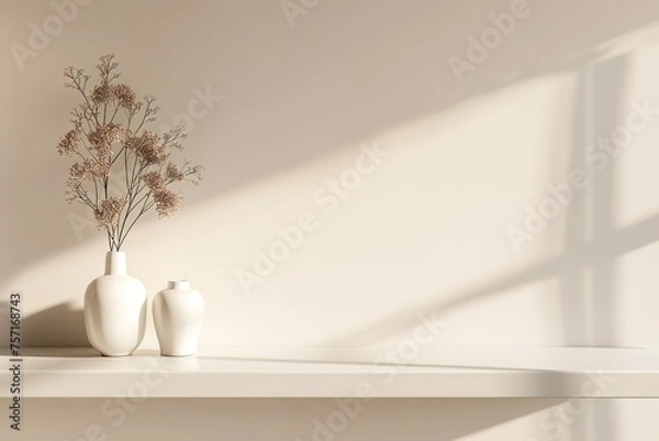 Fototapeta Minimalist empty shelf display with cream walls, for product display presentation