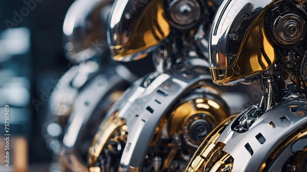 Fototapeta Close-up of futuristic metallic intelligent robot., selective focus. Automation industry.