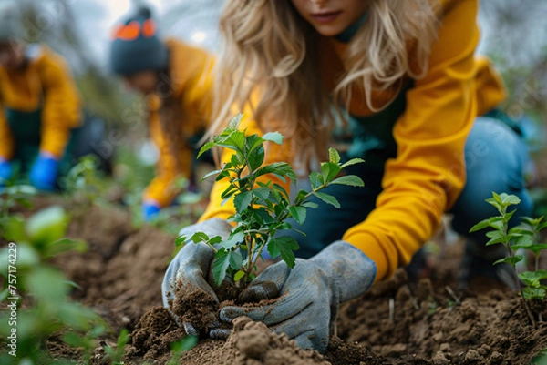 Fototapeta Volunteer planting young tree in soil, community engagement in reforestation project