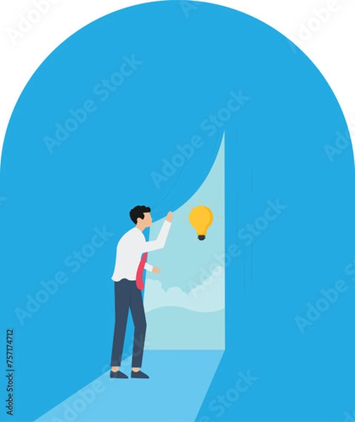Obraz Business creativity and finding solution vector concept with businessman opening Curtain trying to get some new ideas, innovations, inventions

