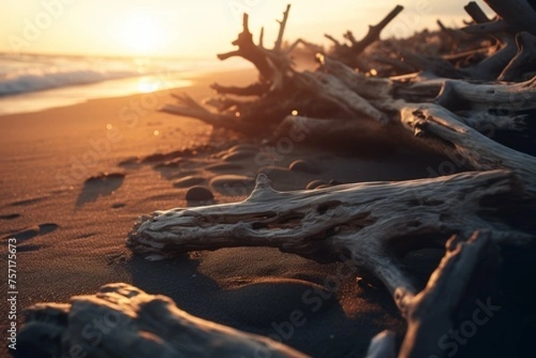 Fototapeta a beach with driftwood scattered across the sand, illuminated by the light of the setting sun