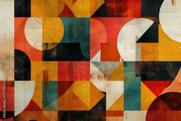 Fototapeta This abstract painting features a captivating mix of colors that creates a visually stimulating and dynamic composition, A medley of geometric shapes in warm autumnal colors, AI Generated