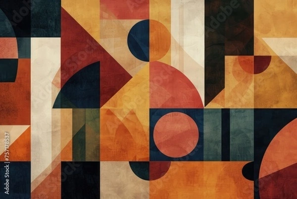 Obraz A visually captivating abstract painting featuring an array of vibrant colors and dynamic shapes, A medley of geometric shapes in warm autumnal colors, AI Generated