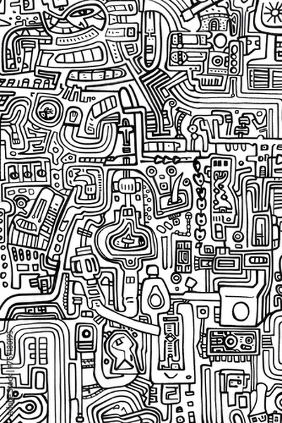 Obraz The image portrays a complex network of interconnected lines resembling an electronic circuit or a city map in black and white
