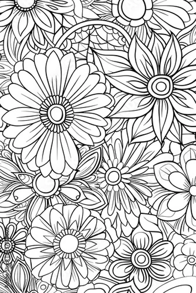 Fototapeta An array of detailed flowers and leaves in black against a white background, suited for various design purposes