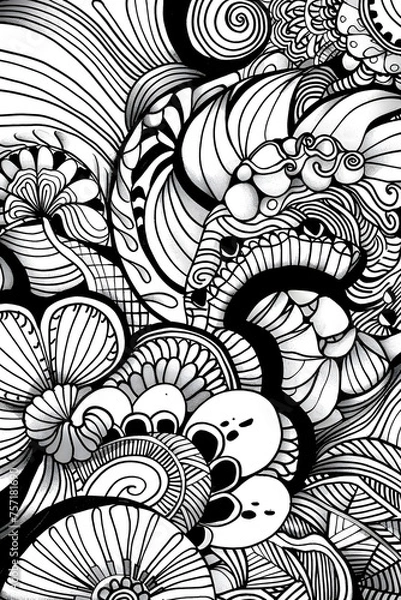 Obraz Detailed monochrome drawing with swirling organic shapes and patterns