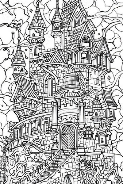 Obraz A bewitching black and white doodle of an elaborate fairytale castle, surrounded by mystery and fantasy elements
