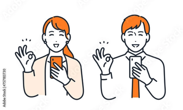 Obraz スマートフォンを持ってOKサインをする若い会社員の男女のシンプルなベクターイラストセット素材