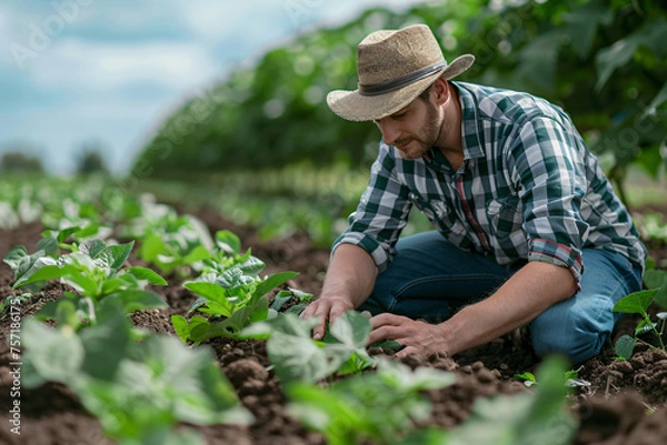 Fototapeta Farmer working in the field, examining crop. Agriculture and farming concept with focus on sustainable practices. Rural landscape and farm life depicted in natural light
