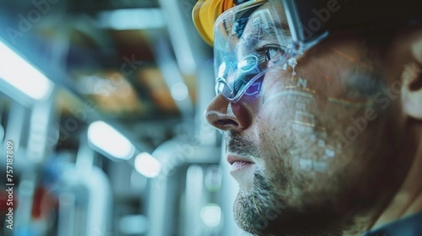 Fototapeta Close-up of a man wearing a hard hat and goggles observing augmented reality inside an industrial facility.