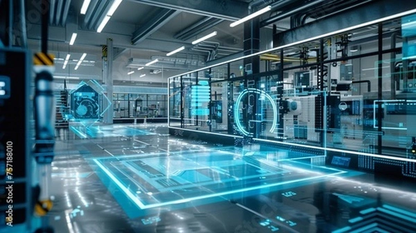 Fototapeta A hologram using augmented reality inside a factory with state-of-the-art facilities.