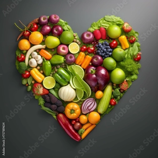 Fototapeta A colorful array of fruits and vegetables arranged in a shape of a heart