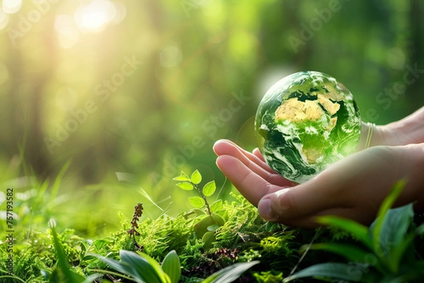 Fototapeta You have hands holding a globe and green grasses in the background