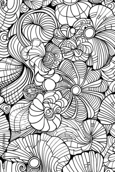 Obraz Black and white line drawing featuring complex floral and shell-like patterns for visual interest and artistry