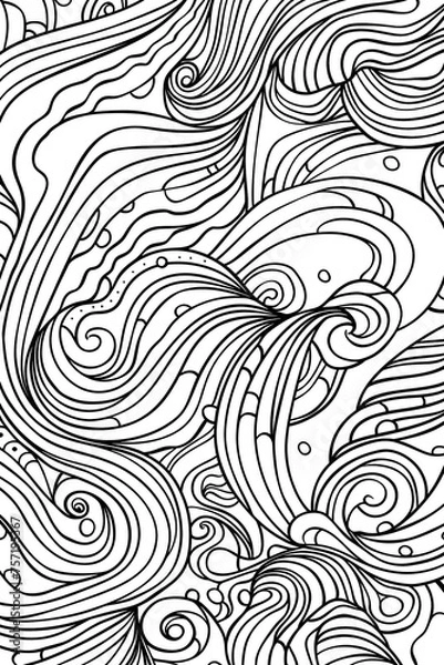 Obraz Detailed black and white illustration with wavy lines, swirls, and dotted patterns creating a dynamic and complex visual