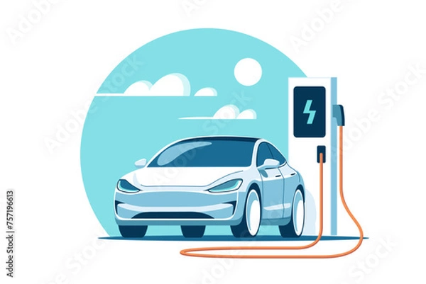 Obraz Electric car at charging station. Vector illustration in minimalist style.