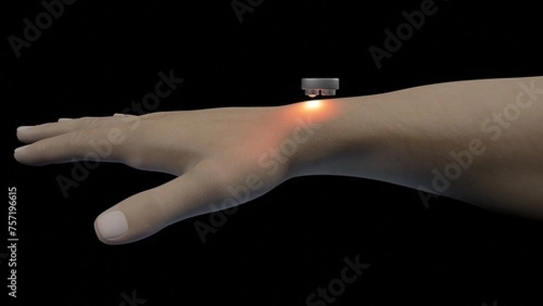 Obraz Photoplethysmography optoelectronic sensor. PPG detecting blood flow under skin.  Non-invasive biomedical monitoring technology. 3d render illustration