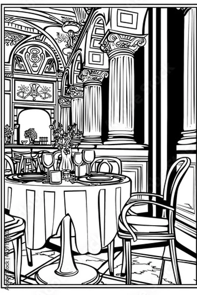 Fototapeta An elegant and detailed line drawing of an interior view of a cafe with classic architectural features