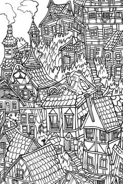 Obraz A highly detailed line drawing depicting an old European village with traditional houses and buildings