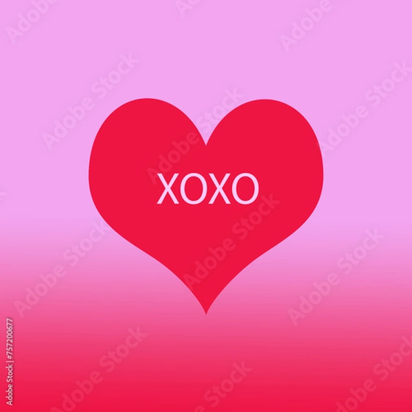 Fototapeta Simple single red heart on pink and red background symbolising love, XOXO in text on the heart