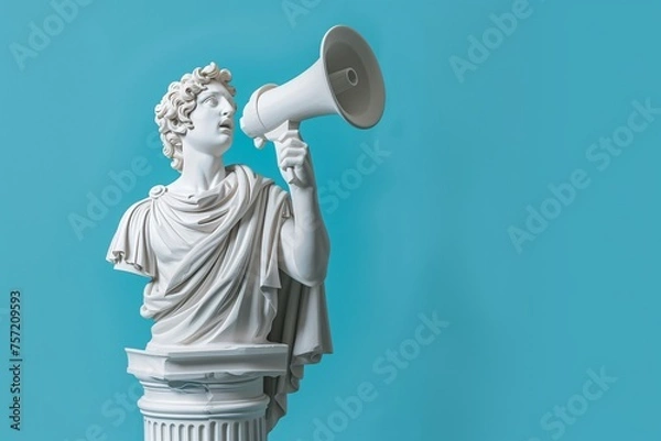 Fototapeta Ancient Statue With Megaphone Against Blue Background