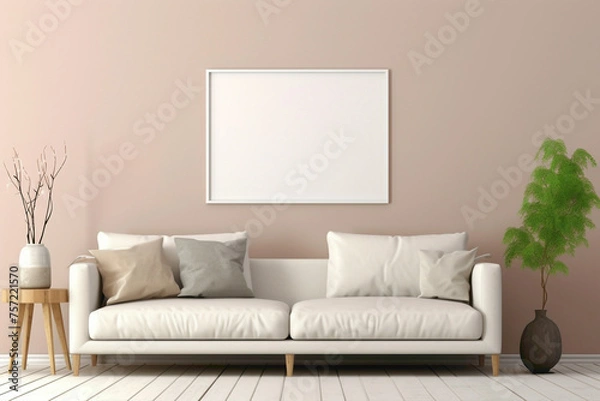 Fototapeta Envision the tranquility of a beige and Scandinavian sofa with a white blank empty frame for copy text, against a soft color wall background.