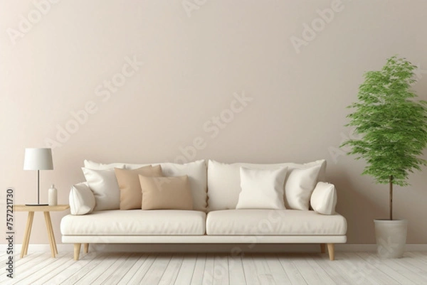 Fototapeta Envision the simplicity of a beige and Scandinavian sofa alongside a white blank empty frame for copy text, against a soft color wall background.