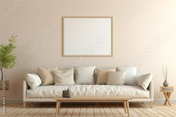 Fototapeta Envision the simplicity of a beige and Scandinavian sofa alongside a white blank empty frame for copy text, against a soft color wall background.