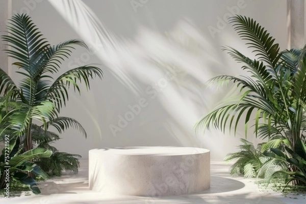 Fototapeta Tropical Style Cylindrical Podium, An empty cylindrical podium exuding tropical vibes, perfect for showcasing products or presentations with a touch of exotic charm