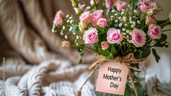 Fototapeta Happy Mother's Day inscription on a card near a vase with colorful flowers.
